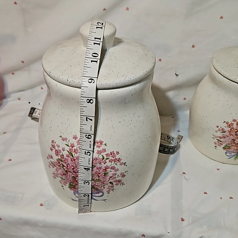 Vintage Speckled Ceramic Blush Pink Flower Blue Ribbon Large Canister Jar w/Lid